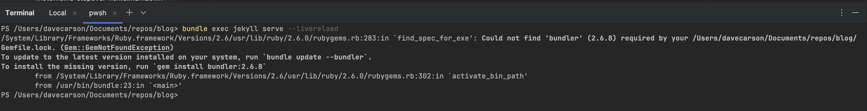 error in Rider terminal when trying to start jekyll server showing what appears to be a dependency error