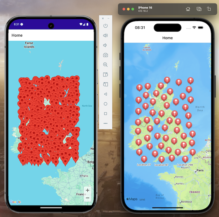 image of android emulator and ios simulator running the sample application which displays a map of the UK with 500 randomly dropped pins. The landmass of the UK is almost totally obscured by the pins while ios is only displaying about 50 pins which massively reduces the on screen clutter.